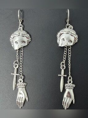 In the Hands of Fate 🗡️Gothic Dagger & Hand 🗡️ Silver Dangle Earrings